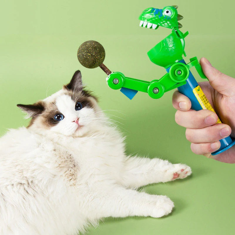 Close-up of a dinosaur cat toy made with high-grade mint extract for safe feline fun.