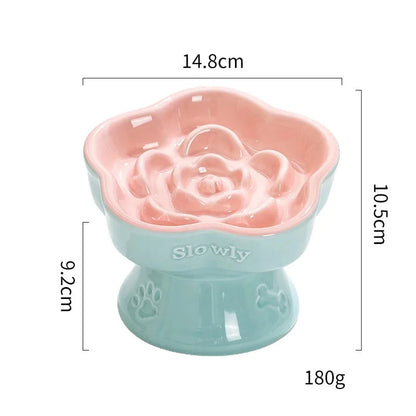 Pet slow feeding bowl cat high ceramic bowl dog Floral bowl small dogs anti-choking slow feeding neck protection slanted bowl