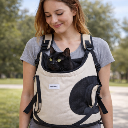Woman carrying a black cat in a beige pet carrier with a blurred green outdoor background