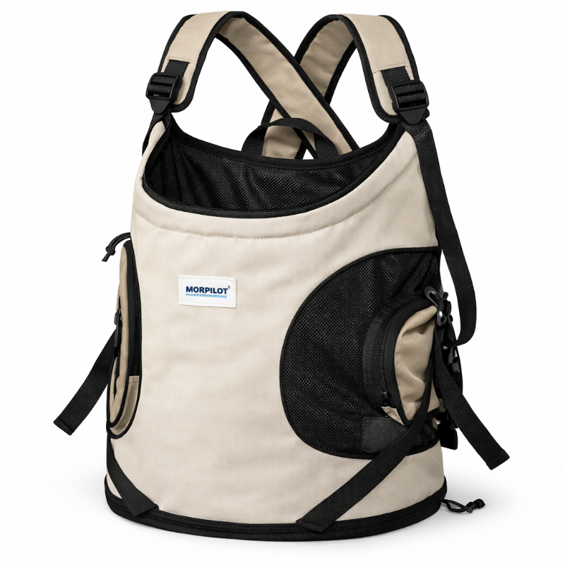 Beige and black pet carrier backpack with Morpilot logo on a white background