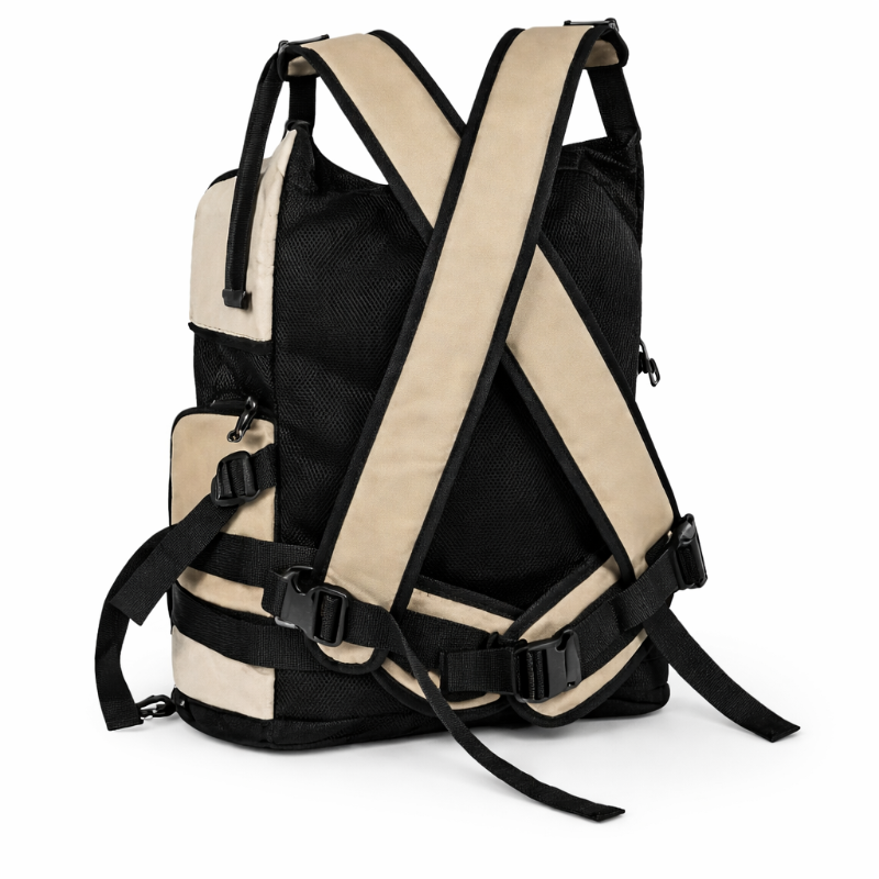 Black and beige backpack with multiple straps on a white background