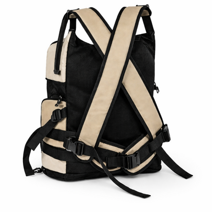 Black and beige backpack with multiple straps on a white background