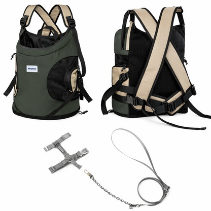 Two cat carriers, a harness, and a leash on a white background
