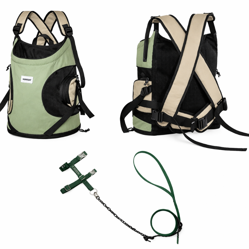 Two backpacks with a cat harness and leash on a white background