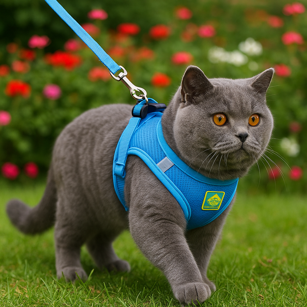 Stylish cat harness blue with bowknot decoration, perfect for fashionable pets.