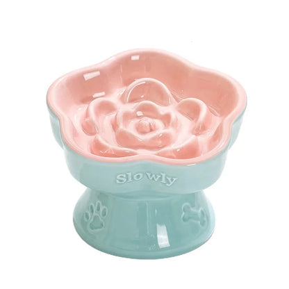 Pet slow feeding bowl cat high ceramic bowl dog Floral bowl small dogs anti-choking slow feeding neck protection slanted bowl